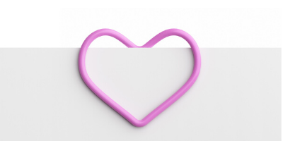 A pink heart holding together two papers.