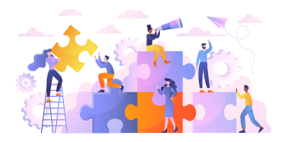 Team of people building structure out of puzzle pieces illustration