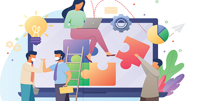 Male and female illustrated characters with masks, laptop and puzzle pieces demonstrating the concept of working during COVID-19 