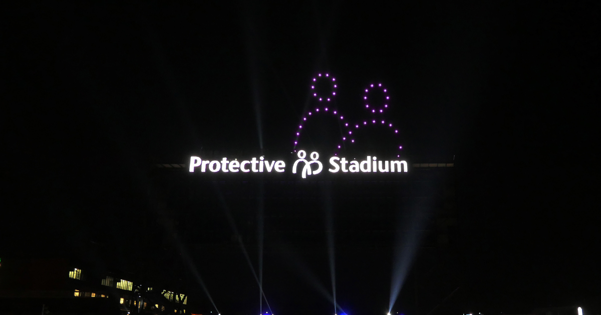 Protective symbol made by drone show over Protective Stadium